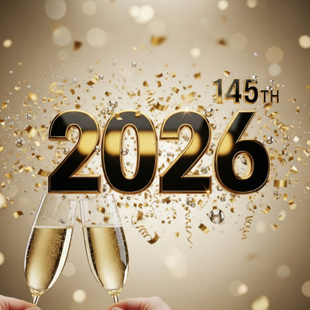 Happy New Year with two glasses of champagne and gold confetti