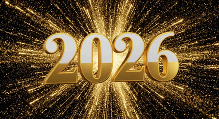 Happy New Year gold glittering background. 3D Rendering