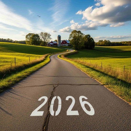 Country road with the words 2026 and blue sky in the background.の写真素材