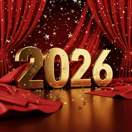 New Year on the stage with red curtains. 3D illustration