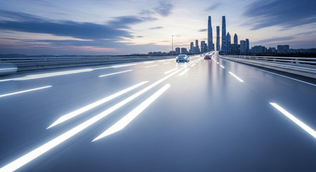 highway with motion blur and cityscape in shanghai china.