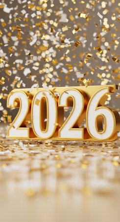 Happy New Year. 3D illustration. Golden numbers 2026 on a gold background.