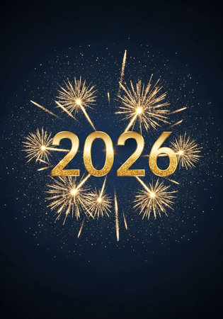 Happy New Year and Merry Christmas background with golden fireworks. Vector illustration.