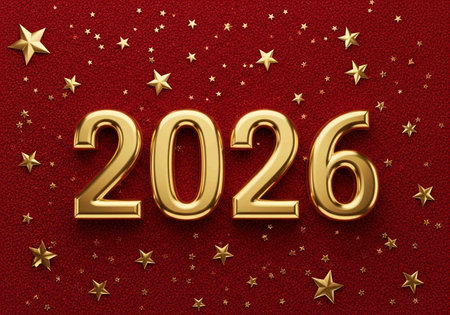 Happy New Year gold text on red background. 3D illustrationの写真素材