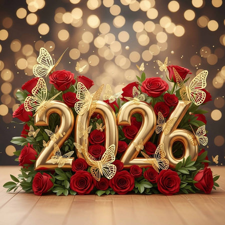 Happy New Year with red roses and golden numbers on bokeh background