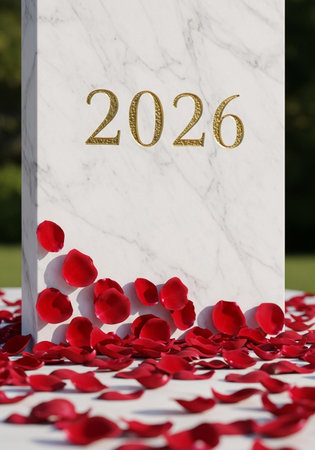 Happy new year with red rose petals and white marble tombstoneの写真素材
