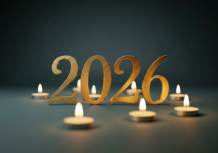 Burning candles with the number 2026 on a dark background. 3D illustrationの写真素材
