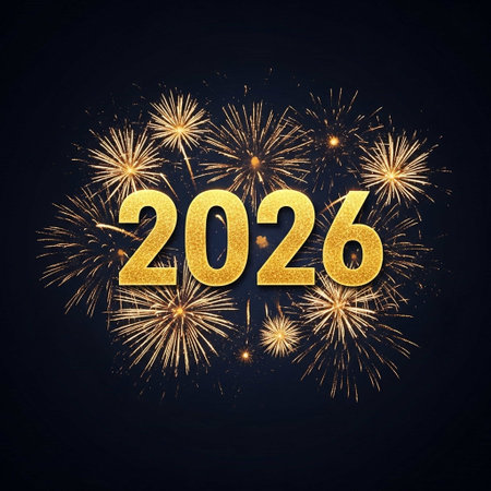 Happy New Year. Gold fireworks on black background. Vector illustration.