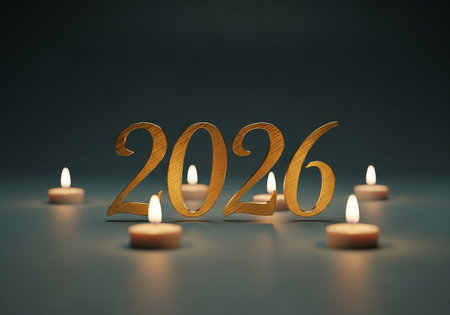 Happy new year with burning candles on dark background, 3d renderの写真素材