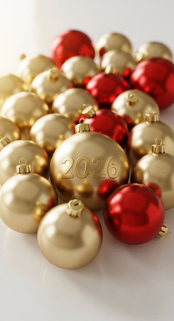 New Year gold and red baubles on a white background