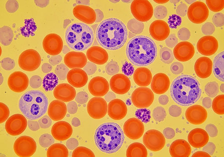 Blood cells in human under microscope view for medical and science background.