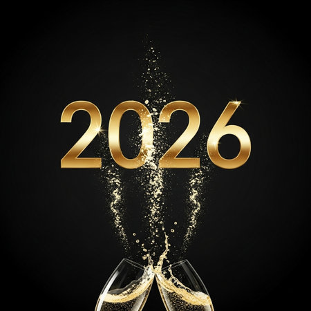 Champagne glasses with golden numbers on black background