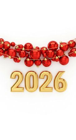 Happy new year with red christmas garland on white background
