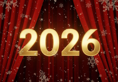 2020 Happy New Year background with red curtain and falling snowflakes