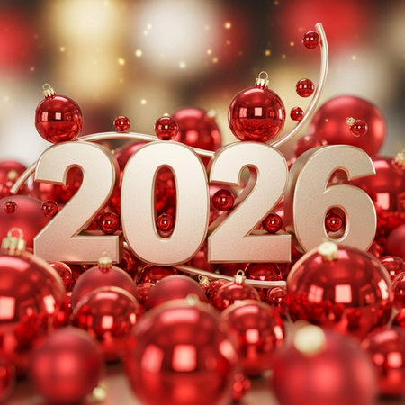 New Year with red christmas balls. 3D illustration.