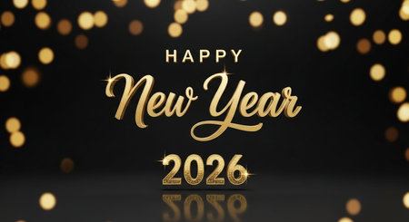 Happy New Year golden lettering on bokeh lights background