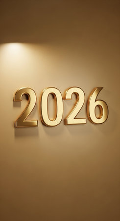 Happy New Year gold text on the wall. 3d render