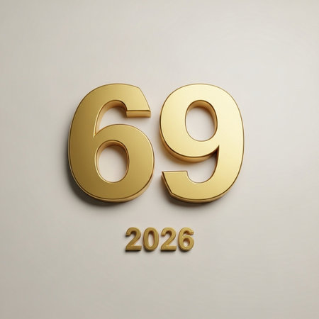 Golden number sixty-nine (60 years) on a white backgroundの写真素材