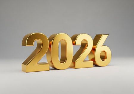 New Year gold 3d render on white background with shadow.