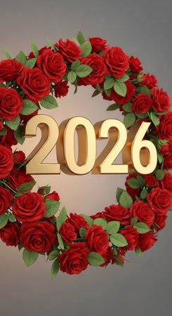 Happy new year with red roses on gray background. 3D rendering