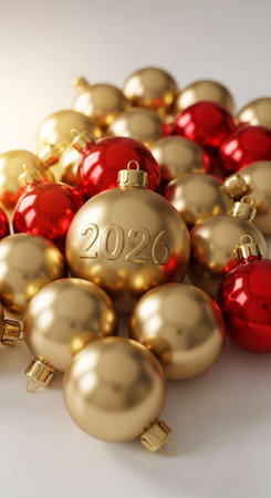 New Year's card with gold and red Christmas balls on a white background