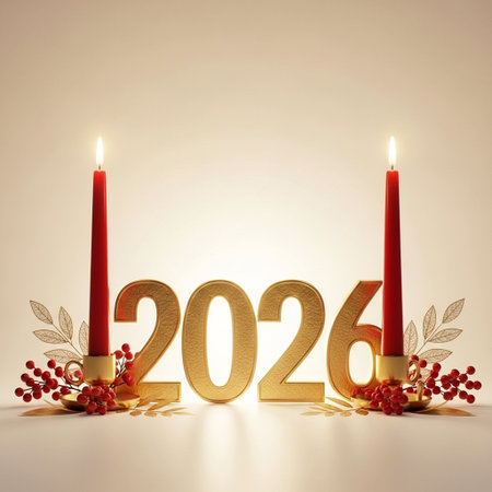 Happy new year 2026 with candles and rowan berries on white background
