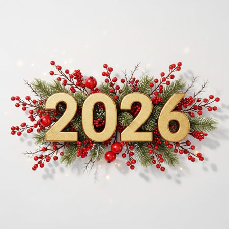 New year and christmas background with fir branches, red berries and wooden numbers on white...