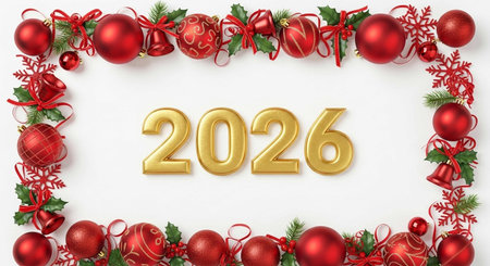 Happy New Year 2016 greeting card with red baubles and snowflakes