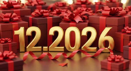 Happy New Year. 3D illustration. Red gift boxes with bows.