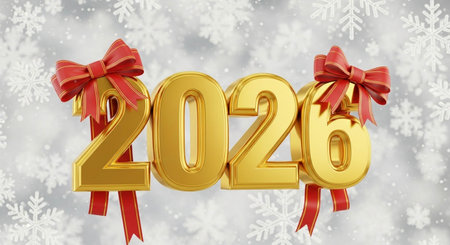 Happy New Year 2016 greeting card with golden numbers and red bows on snowflakes background