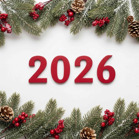 Christmas and New Year background with fir branches, cones and red numbers on white background