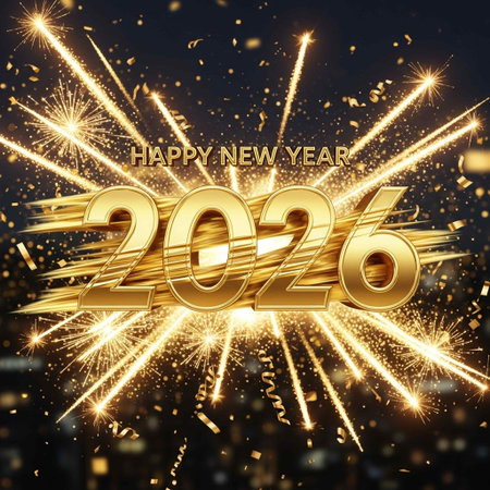 Happy New Year 2020 celebration background with golden fireworks. Vector illustration.