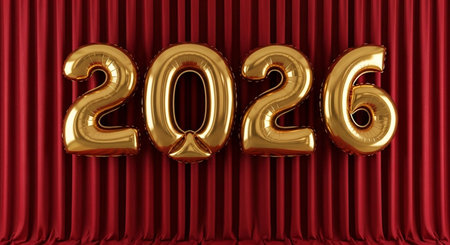 Gold foil balloon number and text on red curtain background. 3D Render