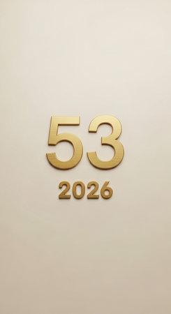 Golden number fifty-three (53 years) on a white backgroundの写真素材