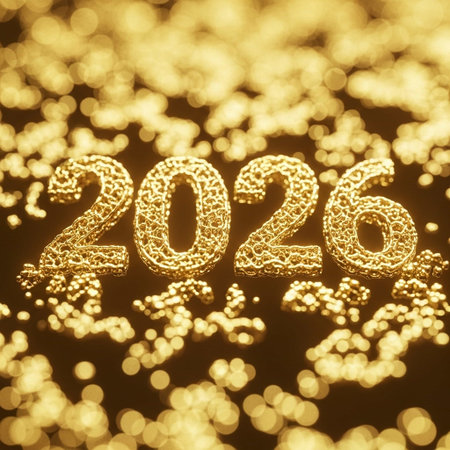 Happy New Year gold text on bokeh background.