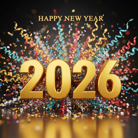 Happy New Year 2016. Golden numbers 2016 and colorful confetti on black background. 3D illustration