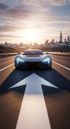 Conceptual image of a black sports car on the road.