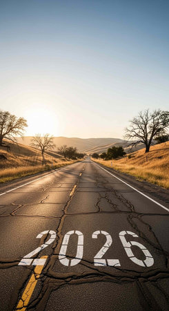 2026 road sign on asphalt road in the countryside at sunset