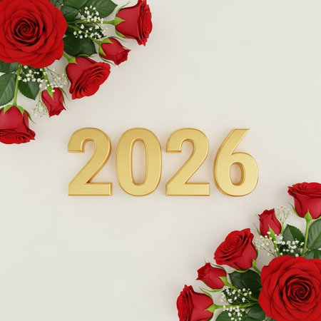 3d render of Happy new year 2026 with red rose flowersの写真素材