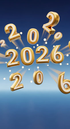 Happy New Year. 3D illustration. Golden numbers on blue background.