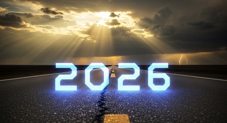 New year 2026 written with neon light on asphalt road. 3D renderingの写真素材