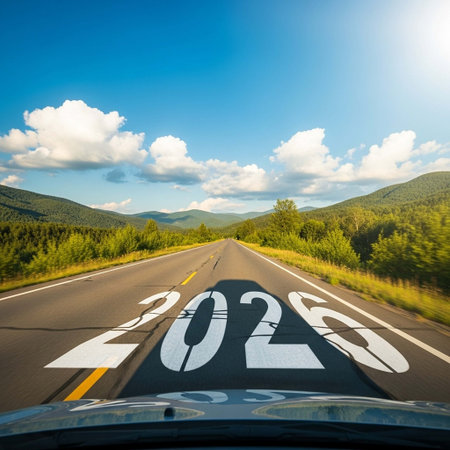New Year road trip travel concept. Car driving on asphalt road leading to horizon.の写真素材