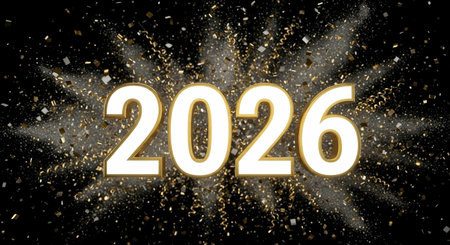 Happy New Year. Gold glittering numbers on a black background.