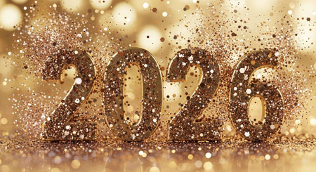 Happy New Year background with gold glitter and bokeh lights