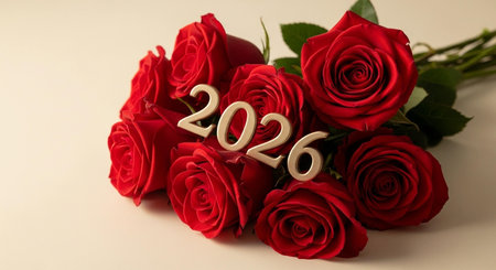 Bouquet of red roses with the number 2026 on a white background