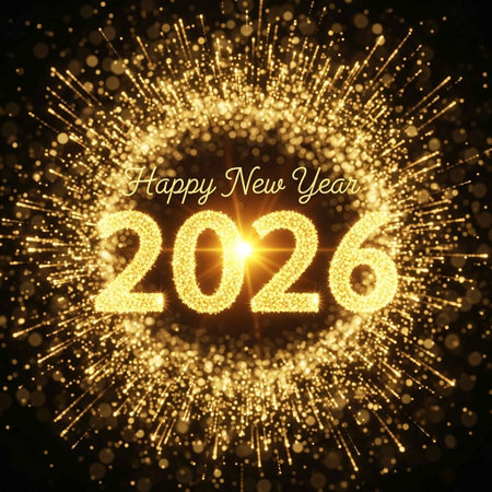 Happy New Year. Golden glittering background. Vector illustration.