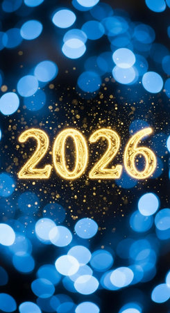 Happy New Year lettering with bokeh lights background.