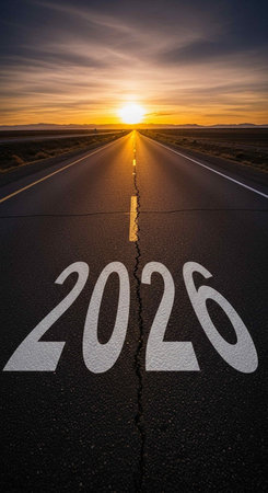 new year road sign on asphalt road with sunset sky background.の写真素材