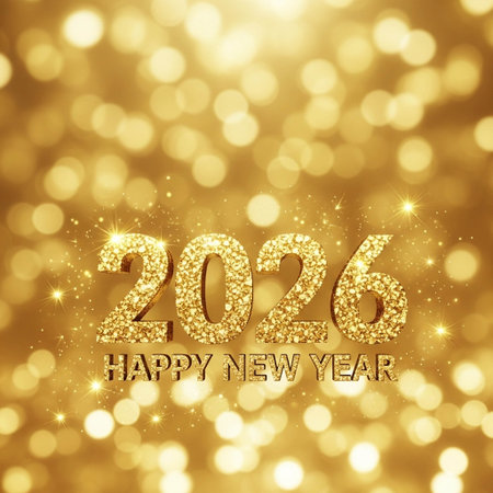 Happy New Year. Gold bokeh background with golden numbers.