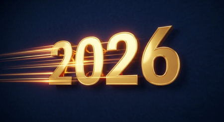 Happy New Year. 3D render of golden numbers on blue background